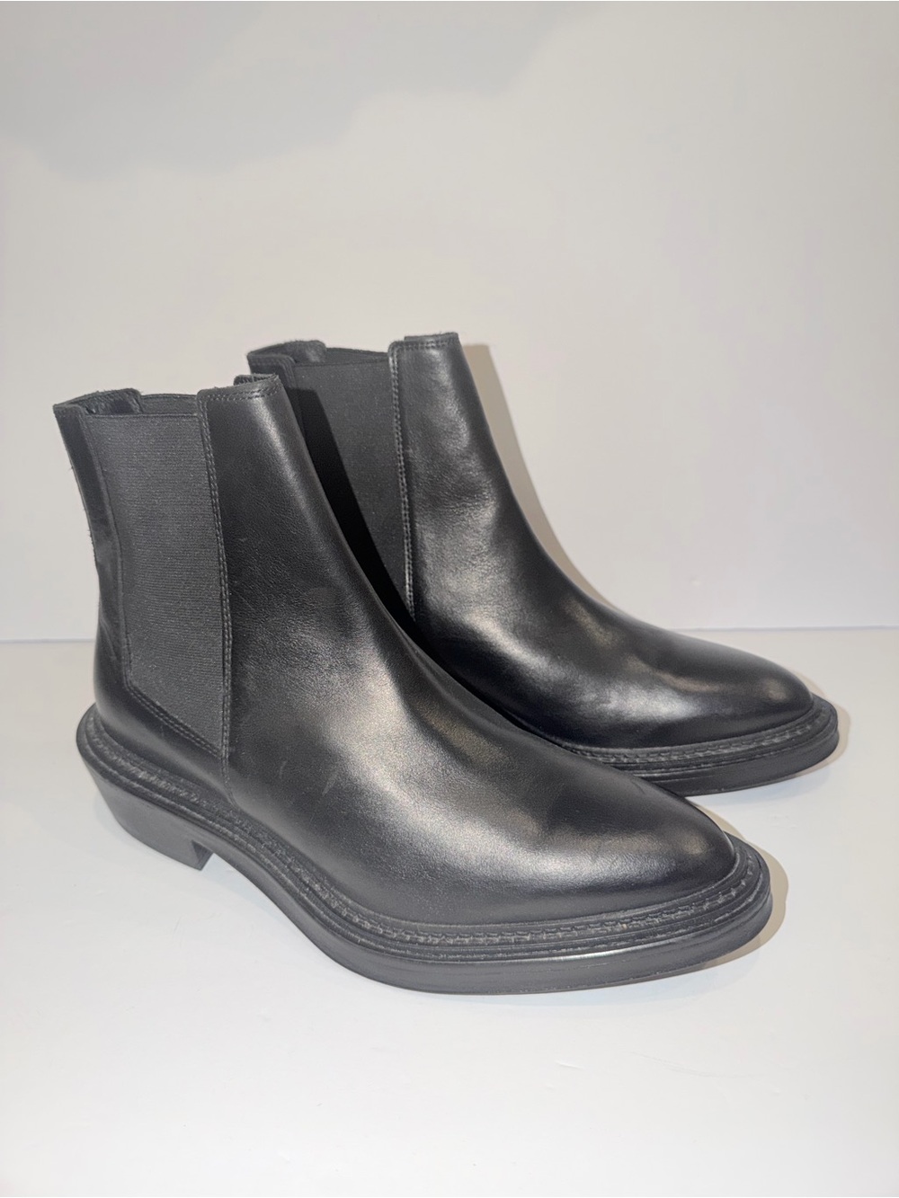 Zara Black Leather Chelsea Point Toe Boots, Sz 40